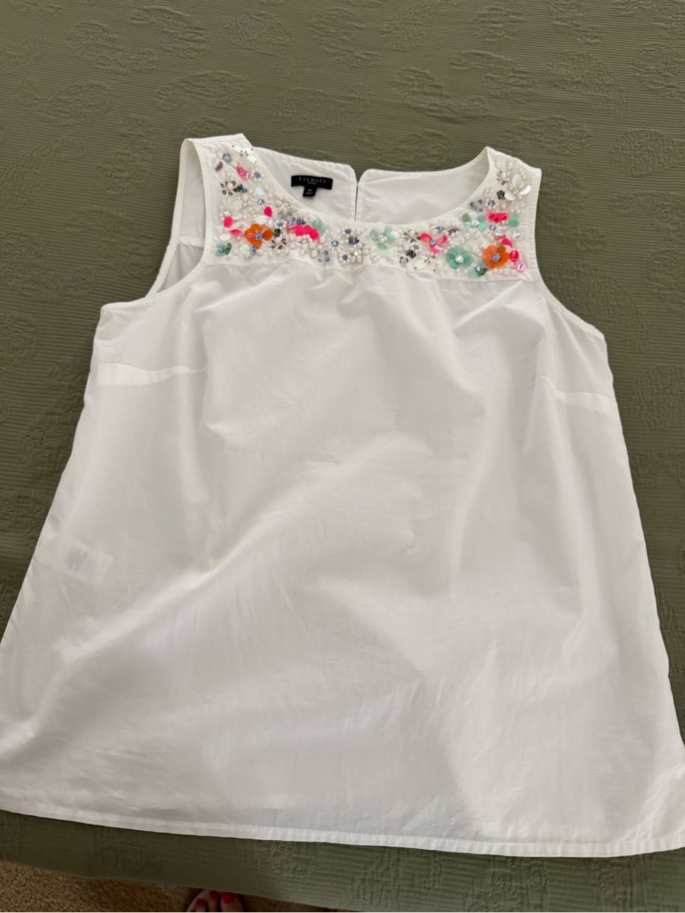 Talbots White Beaded Floral-Yoke Sleeveless Tank